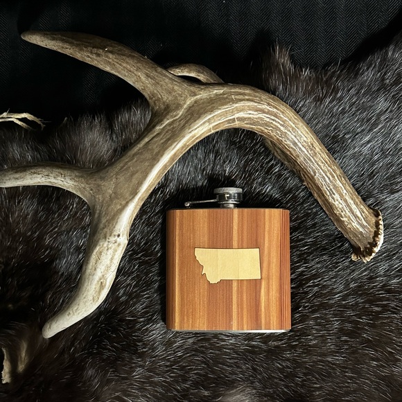 Woodchuck Flask Other - Rustic Wood-Grain Montana Flask - custom cedar wood 6 oz stainless steel